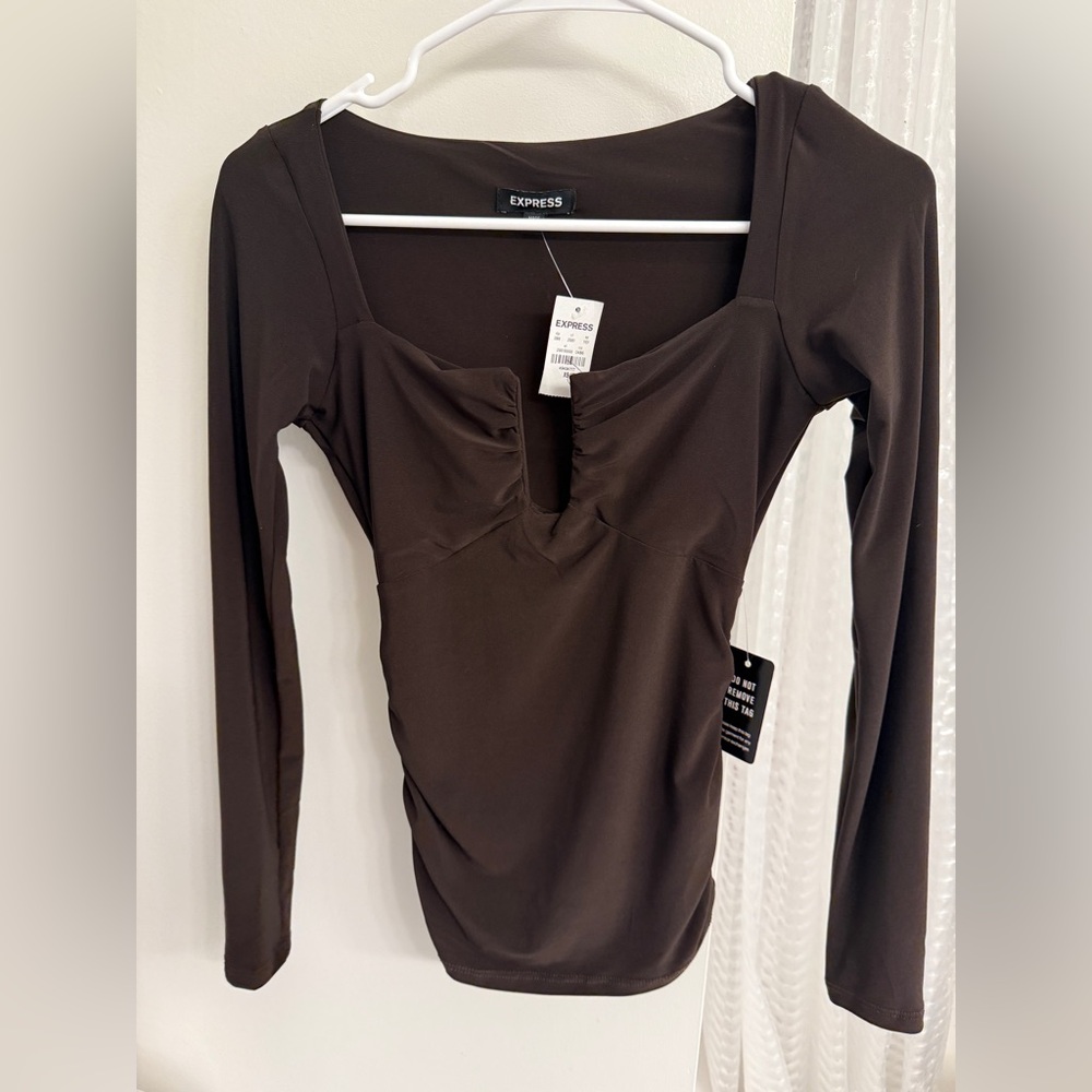 Express Women's Long-Sleeve Square Neck Top in Dark Brown